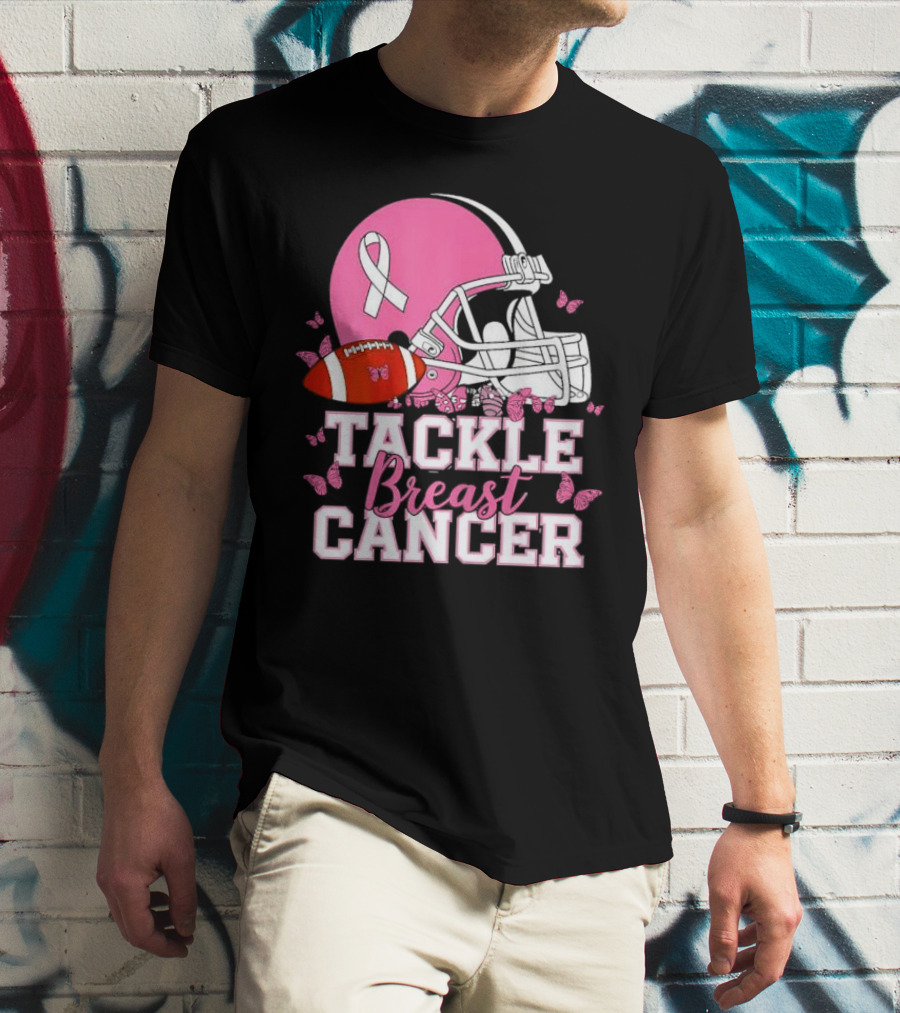 Tackle Breast Cancer Awareness Pink Football Helmet Ribbon Butterflies T-Shirt