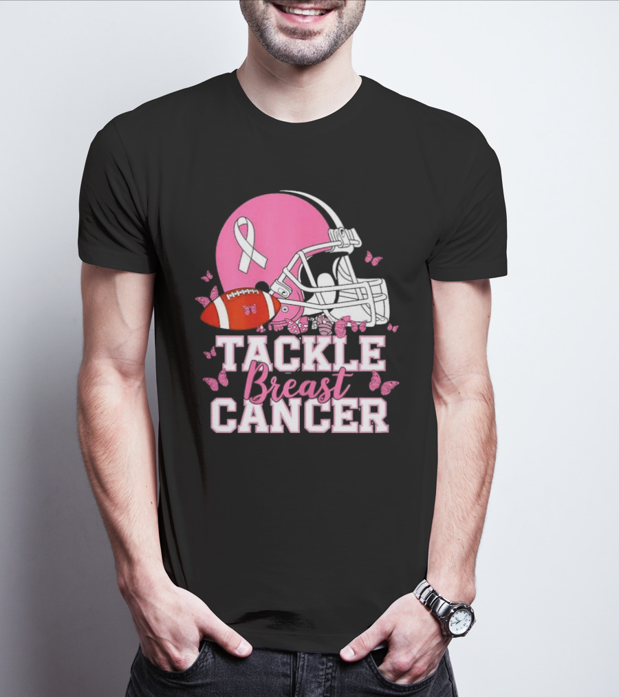 Tackle Breast Cancer Awareness Pink Football Helmet Ribbon Butterflies T-Shirt