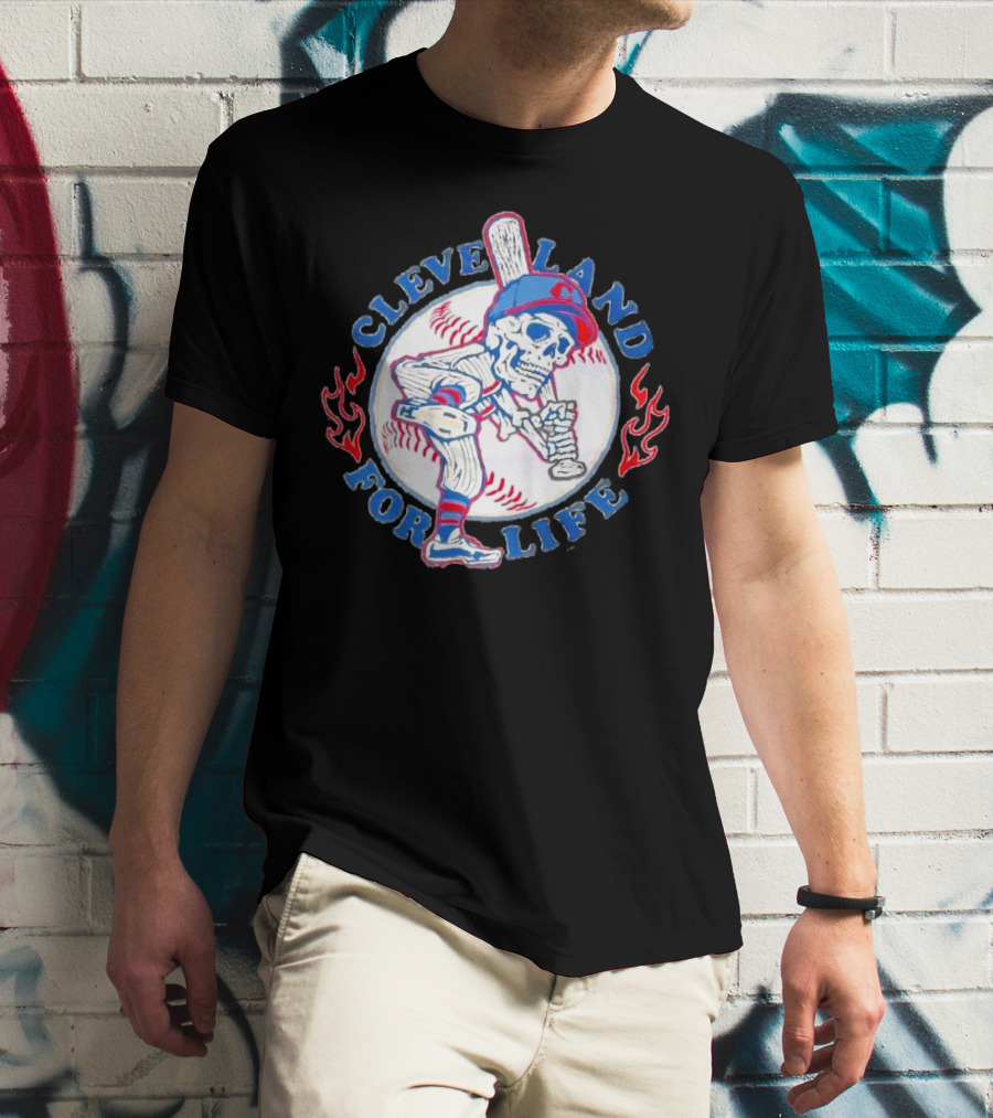 Cleveland Guardians For Life Skeleton Baseball Player Flames T-Shirt