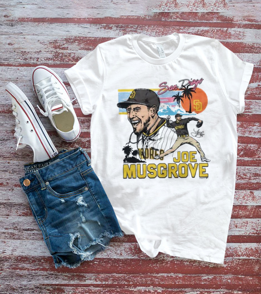 Joe Musgrove San Diego Padres Sunset Palm Trees Signature Caricature T-Shirt