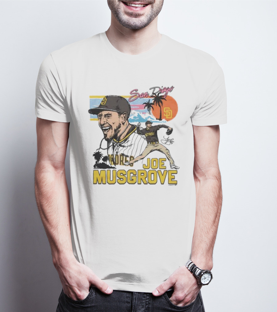 Joe Musgrove San Diego Padres Sunset Palm Trees Signature Caricature T-Shirt