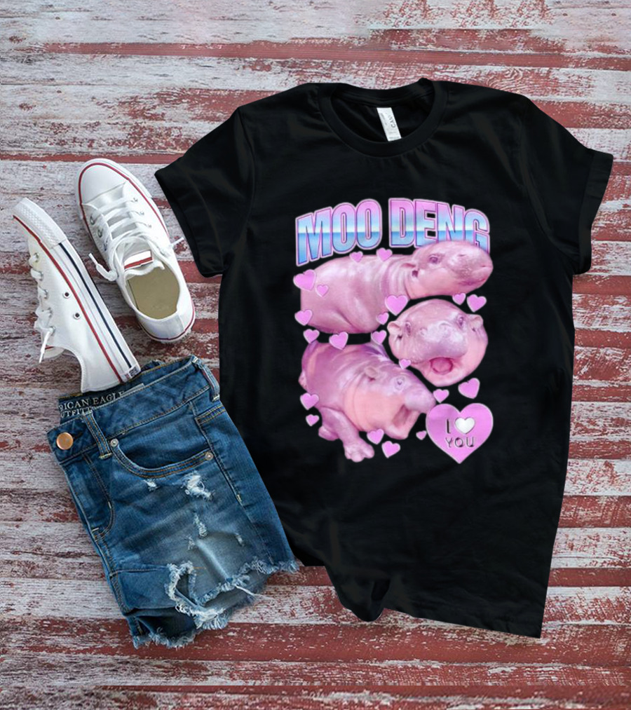 Moo Deng I Love You Pink Hippo Hearts T-Shirt