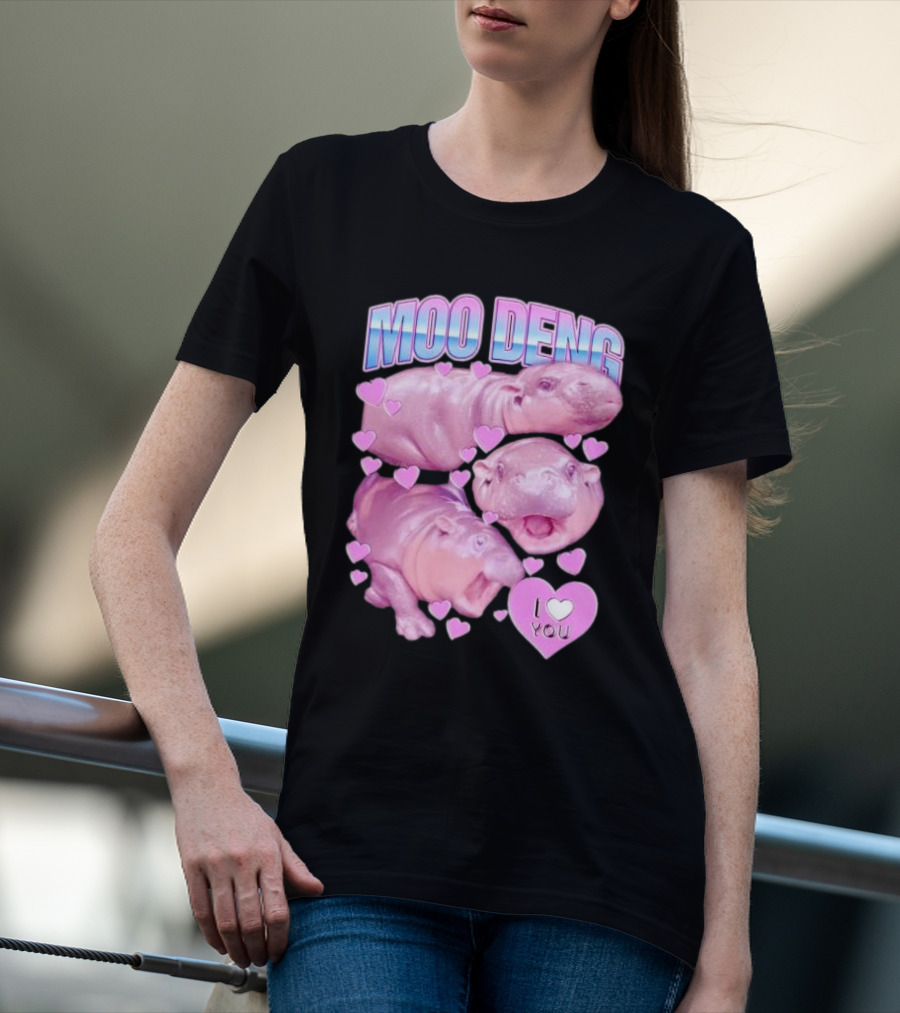 Moo Deng I Love You Pink Hippo Hearts T-Shirt