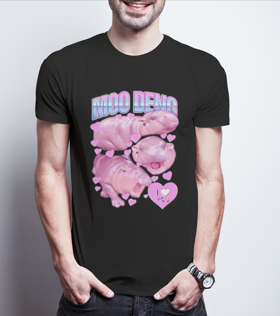 Moo Deng I Love You Pink Hippo Hearts T-Shirt