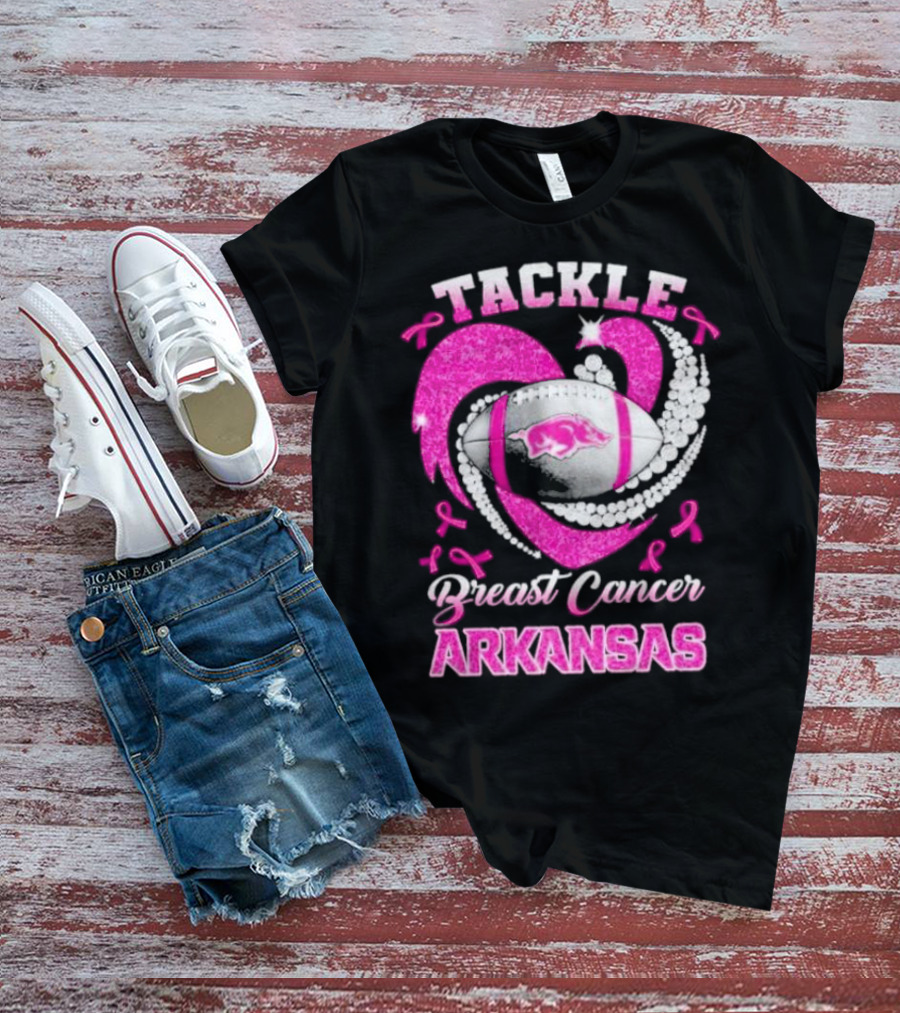Arkansas Razorbacks Tackle Breast Cancer Pink Ribbon Heart Football T-Shirt