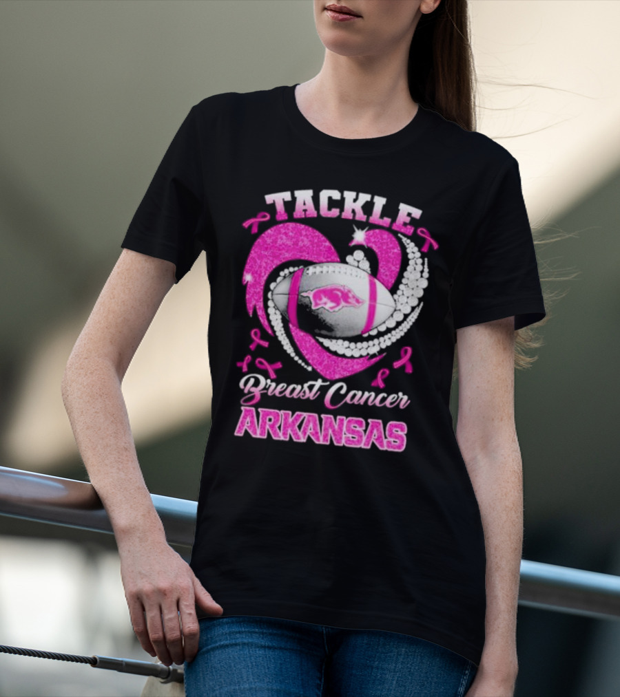 Arkansas Razorbacks Tackle Breast Cancer Pink Ribbon Heart Football T-Shirt