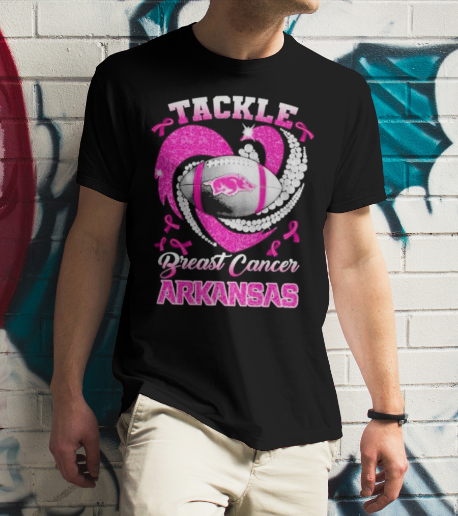 Arkansas Razorbacks Tackle Breast Cancer Pink Ribbon Heart Football T-Shirt
