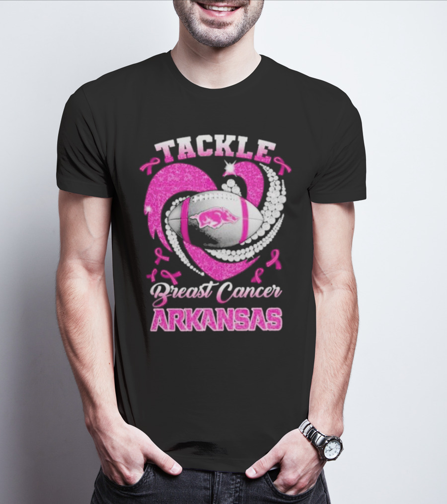 Arkansas Razorbacks Tackle Breast Cancer Pink Ribbon Heart Football T-Shirt