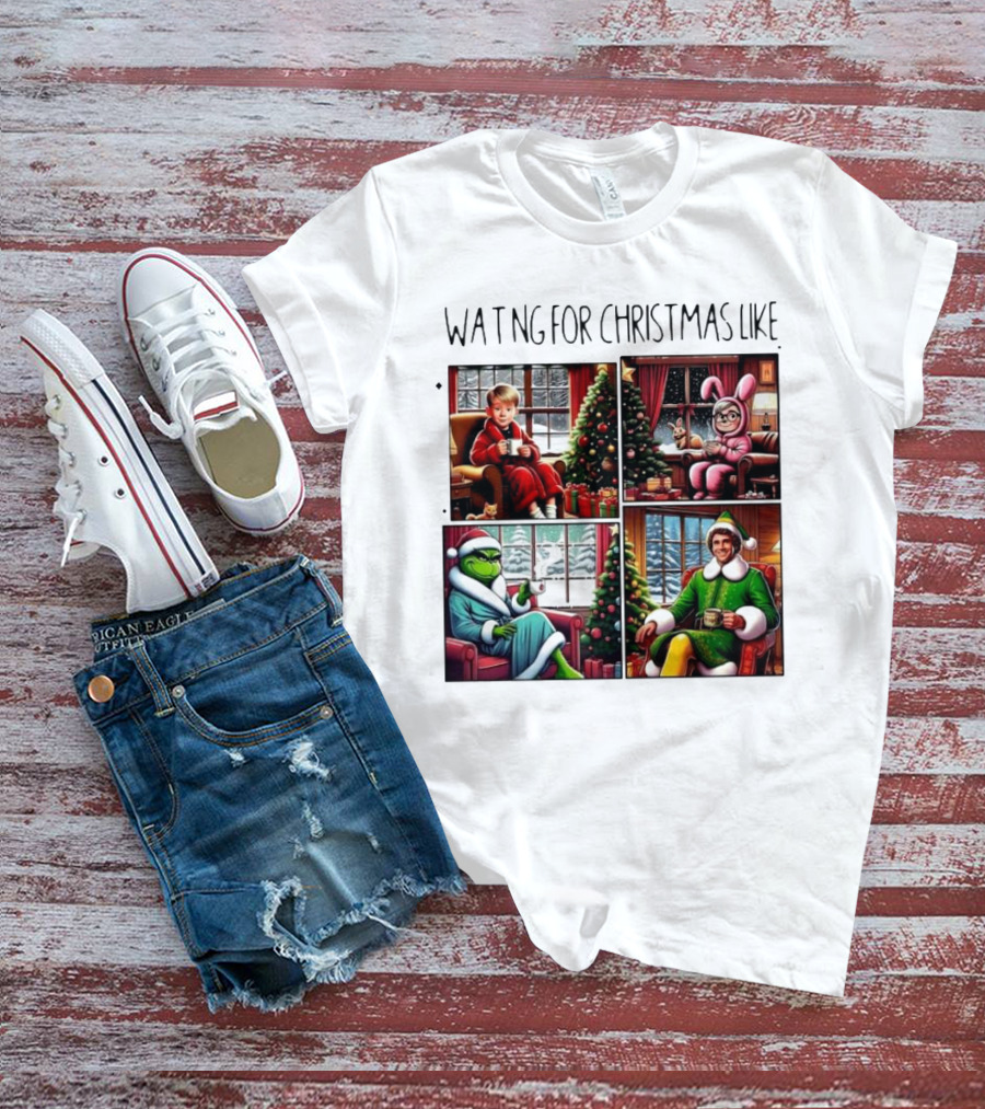 Waiting For Christmas Like Iconic Holiday Characters With Christmas Tree And Cozy Living Room Scene T-Shirt