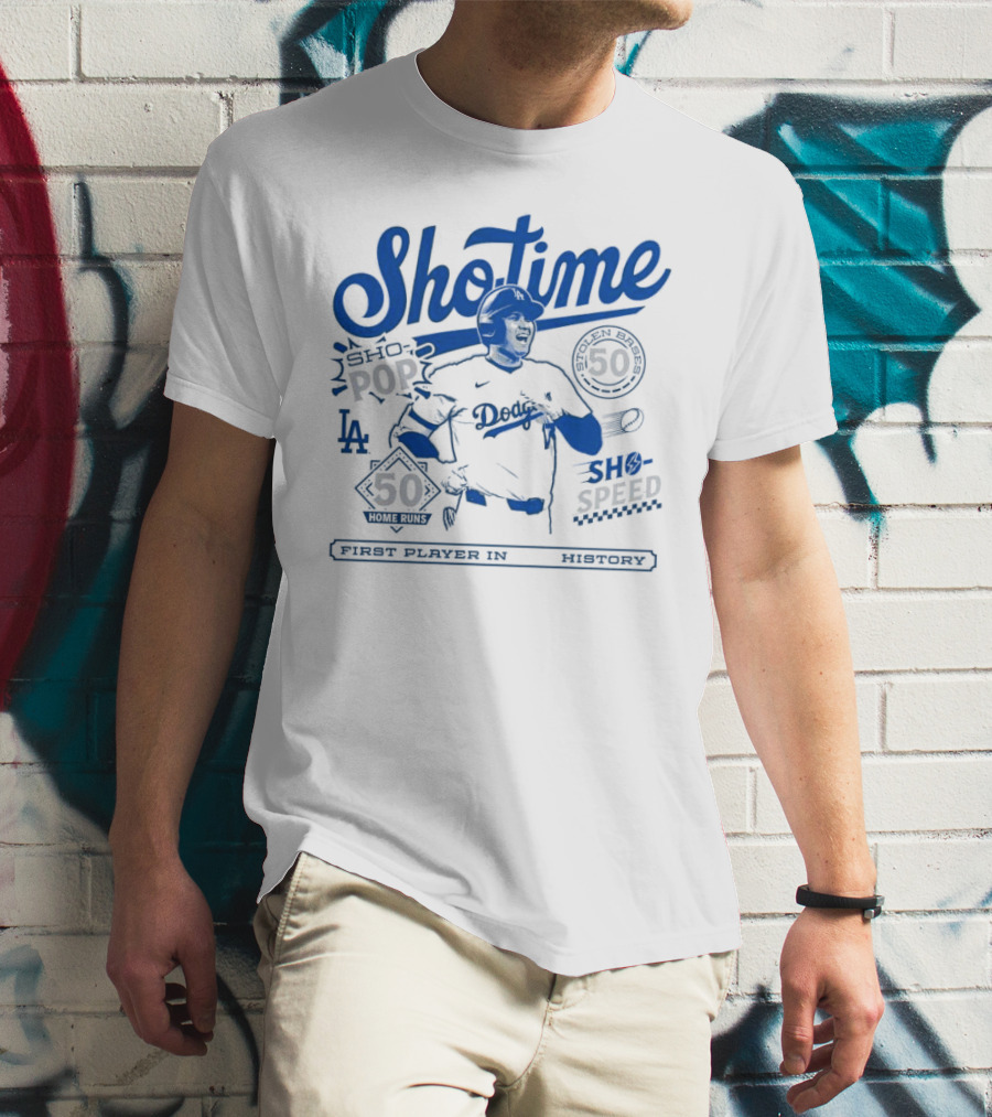 Shohei Ohtani Showtime Los Angeles Dodgers 50 Home Runs 50 Stolen Bases Sho Pop Sho Speed First Player In History T-Shirt