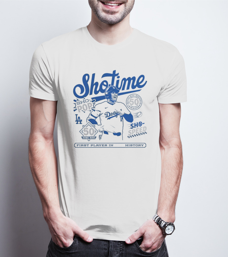 Shohei Ohtani Showtime Los Angeles Dodgers 50 Home Runs 50 Stolen Bases Sho Pop Sho Speed First Player In History T-Shirt