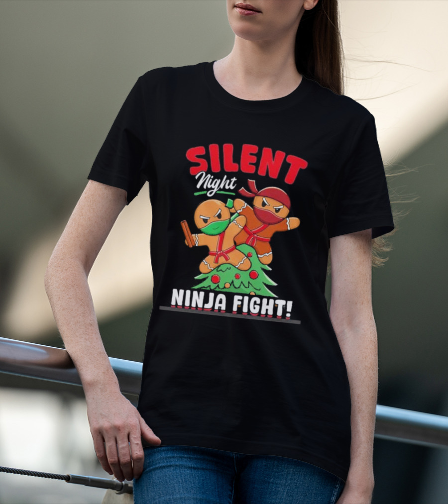 Silent Night Ninja Fight Gingerbread Christmas T-Shirt