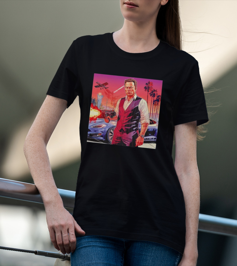 Grand Theft Auto Elon Musk Sunset Shootout With Palm Trees And Jetstream T-Shirt