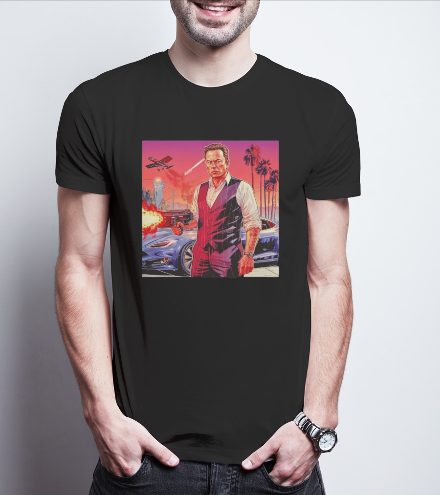 Grand Theft Auto Elon Musk Sunset Shootout With Palm Trees And Jetstream T-Shirt