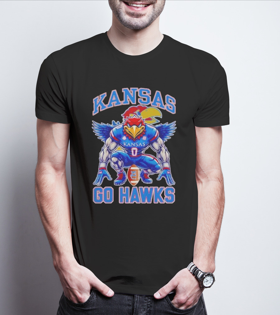 Kansas Jayhawks Go Hawks Fierce Mascot Football T-Shirt