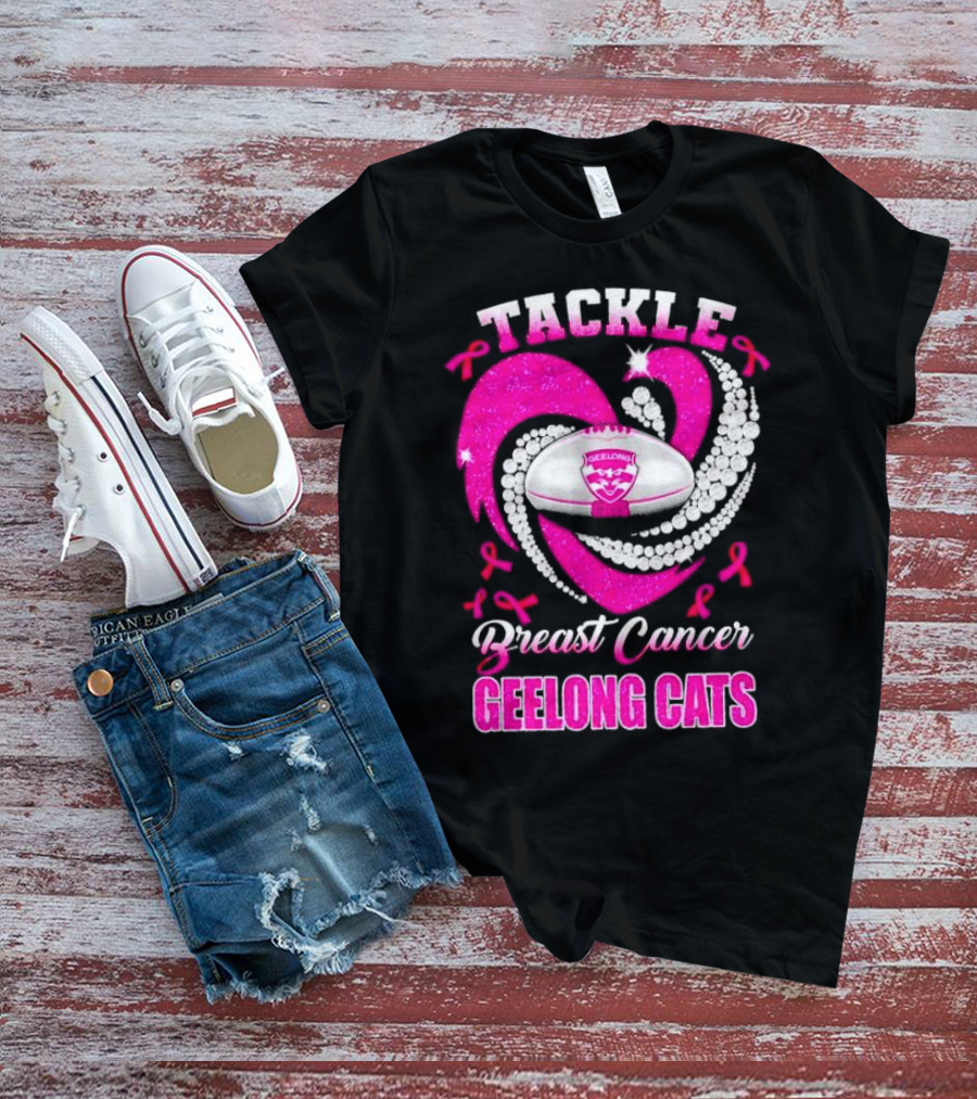 Tackle Breast Cancer Geelong Cats Pink Ribbon Football Heart T-Shirt
