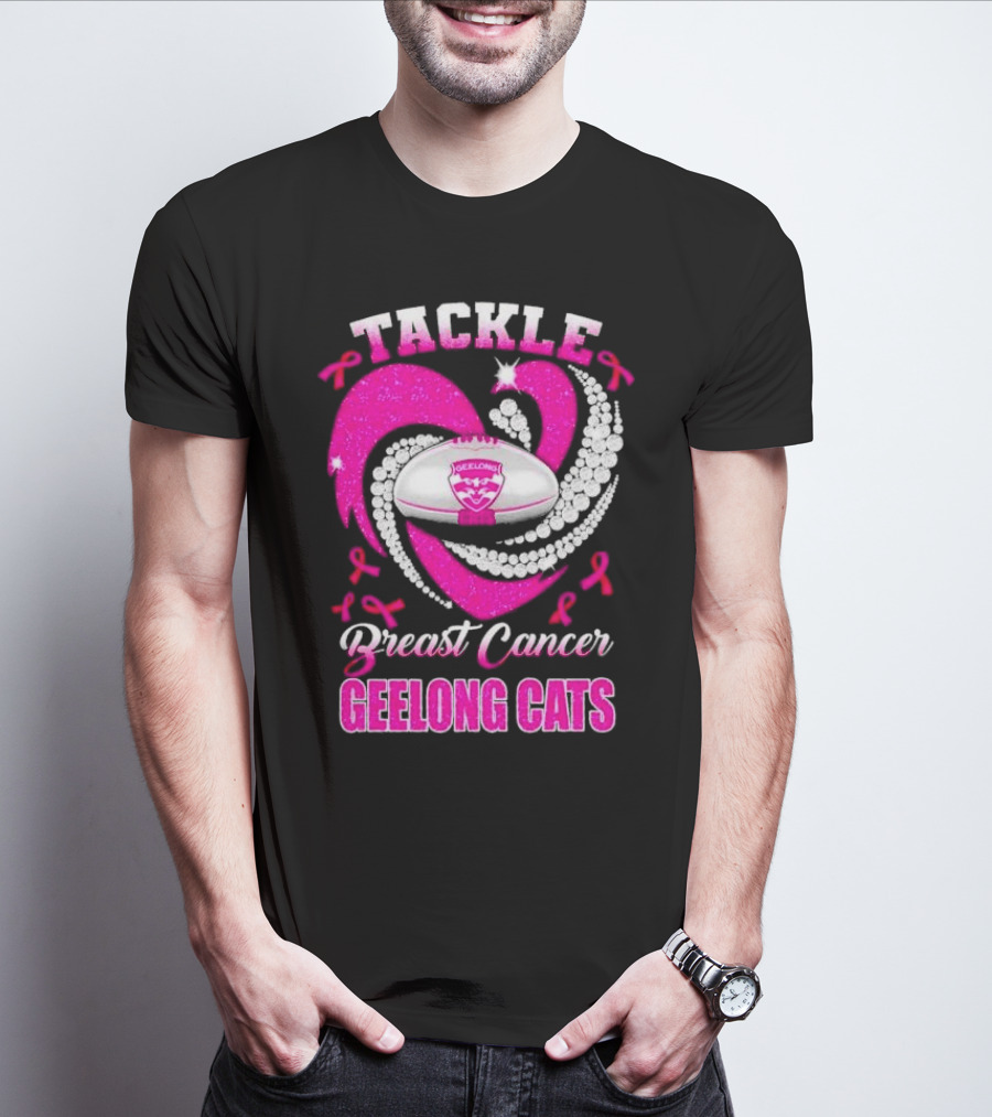 Tackle Breast Cancer Geelong Cats Pink Ribbon Football Heart T-Shirt