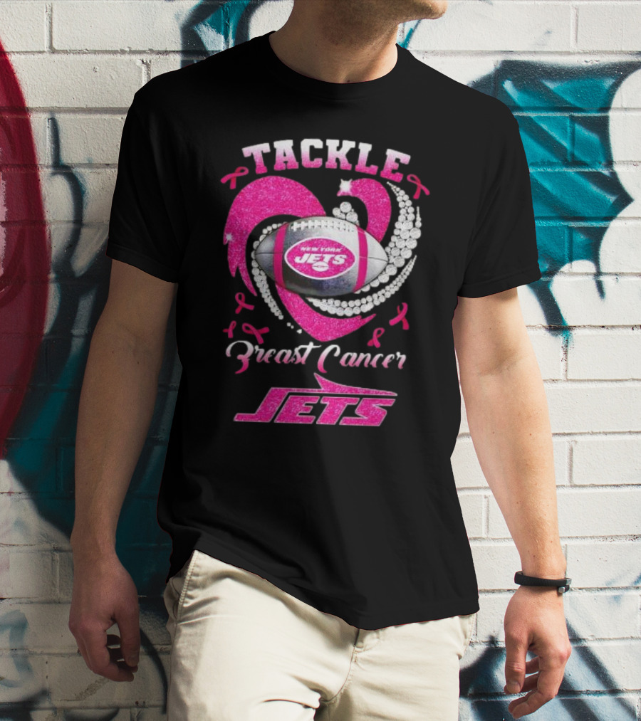 Tackle Breast Cancer New York Jets Football Heart Pink Ribbons T-Shirt
