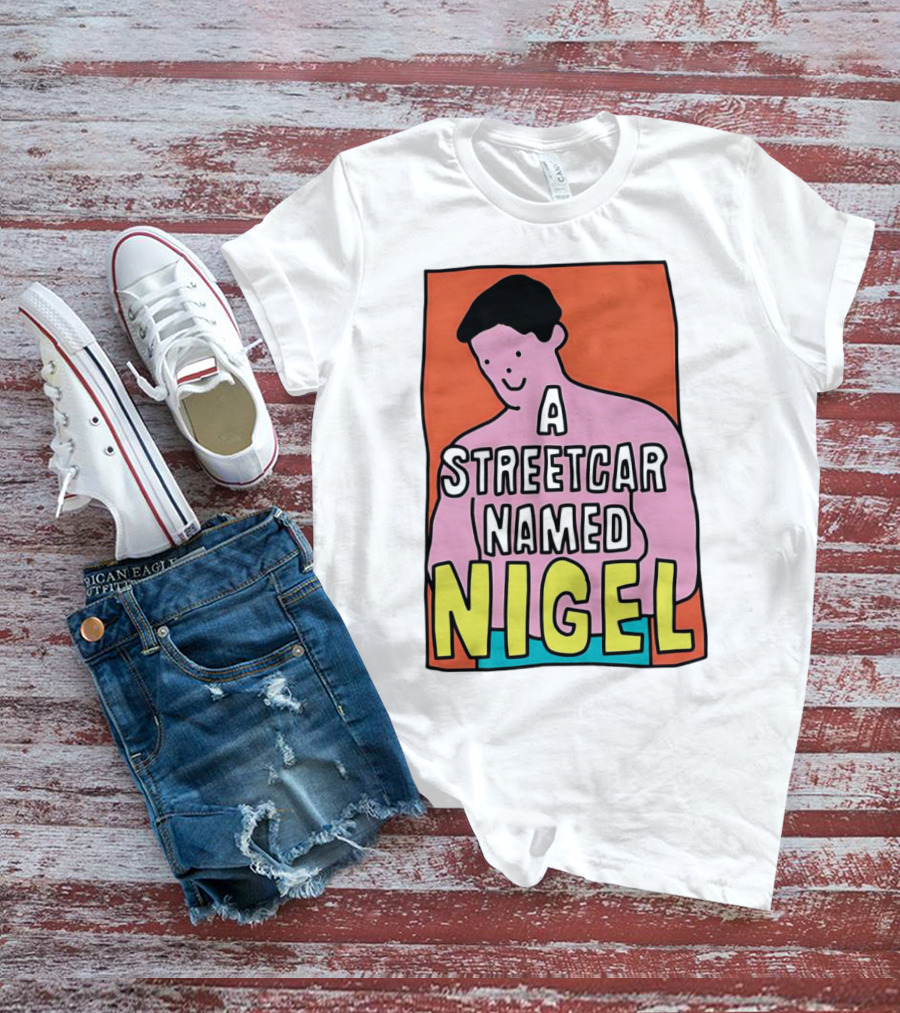 A Streetcar Named Nigel Pink Cartoon Character With Orange Background T-Shirt