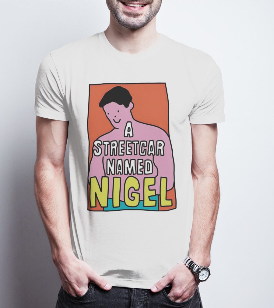 A Streetcar Named Nigel Pink Cartoon Character With Orange Background T-Shirt