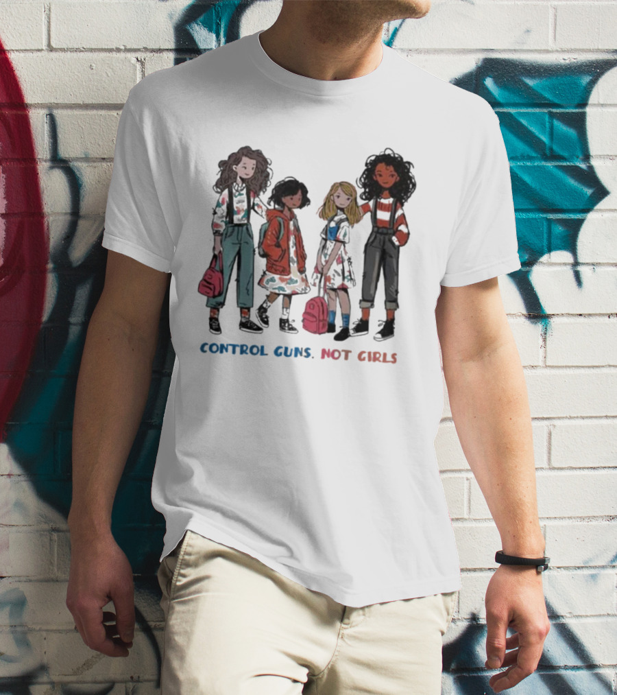 CONTROL GUNS NOT GIRLS WITH FOUR DIVERSE GIRLS HOLDING BACKPACKS T-Shirt