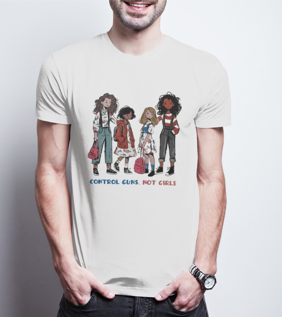 CONTROL GUNS NOT GIRLS WITH FOUR DIVERSE GIRLS HOLDING BACKPACKS T-Shirt