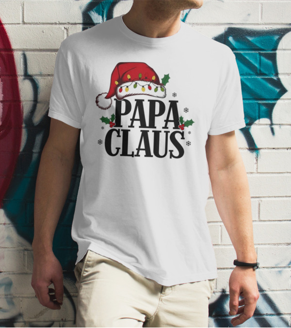 Papa Claus Christmas Santa Hat Holly Lights Snowflakes T-Shirt