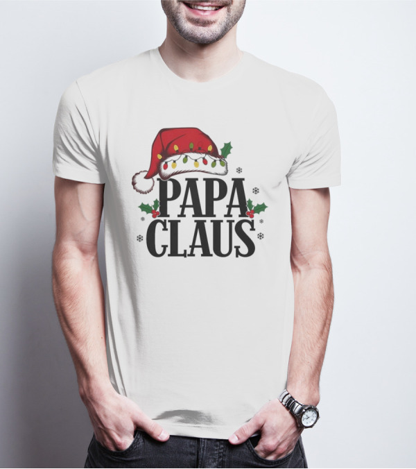 Papa Claus Christmas Santa Hat Holly Lights Snowflakes T-Shirt