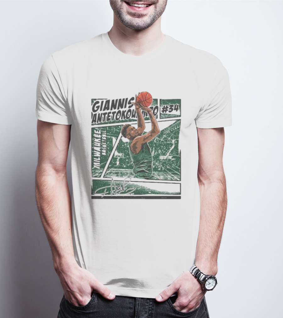 Giannis Antetokounmpo Milwaukee Basketball Signature #34 Comic T-Shirt