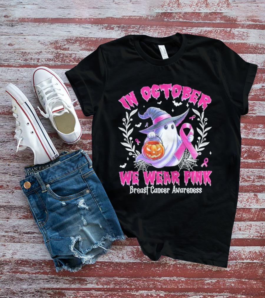 In October We Wear Pink Breast Cancer Awareness Ghost With Pumpkin And Witch Hat T-Shirt