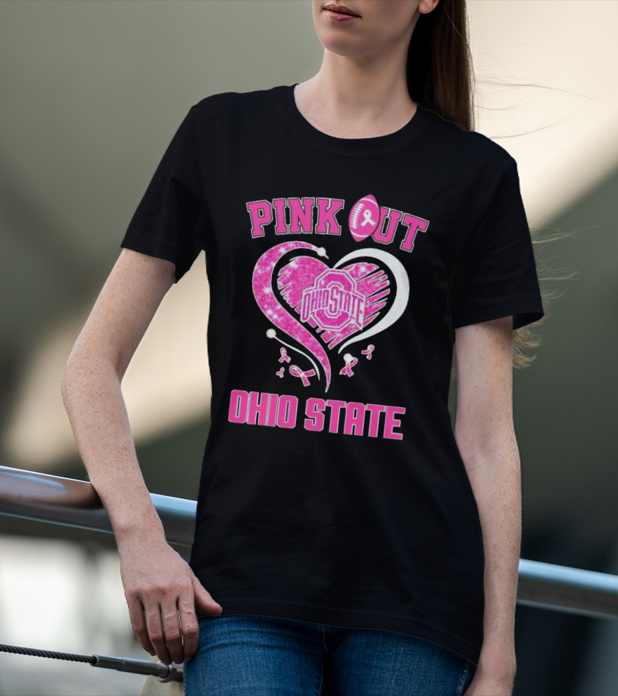 Ohio State Pink Out Breast Cancer Heart Football T-Shirt