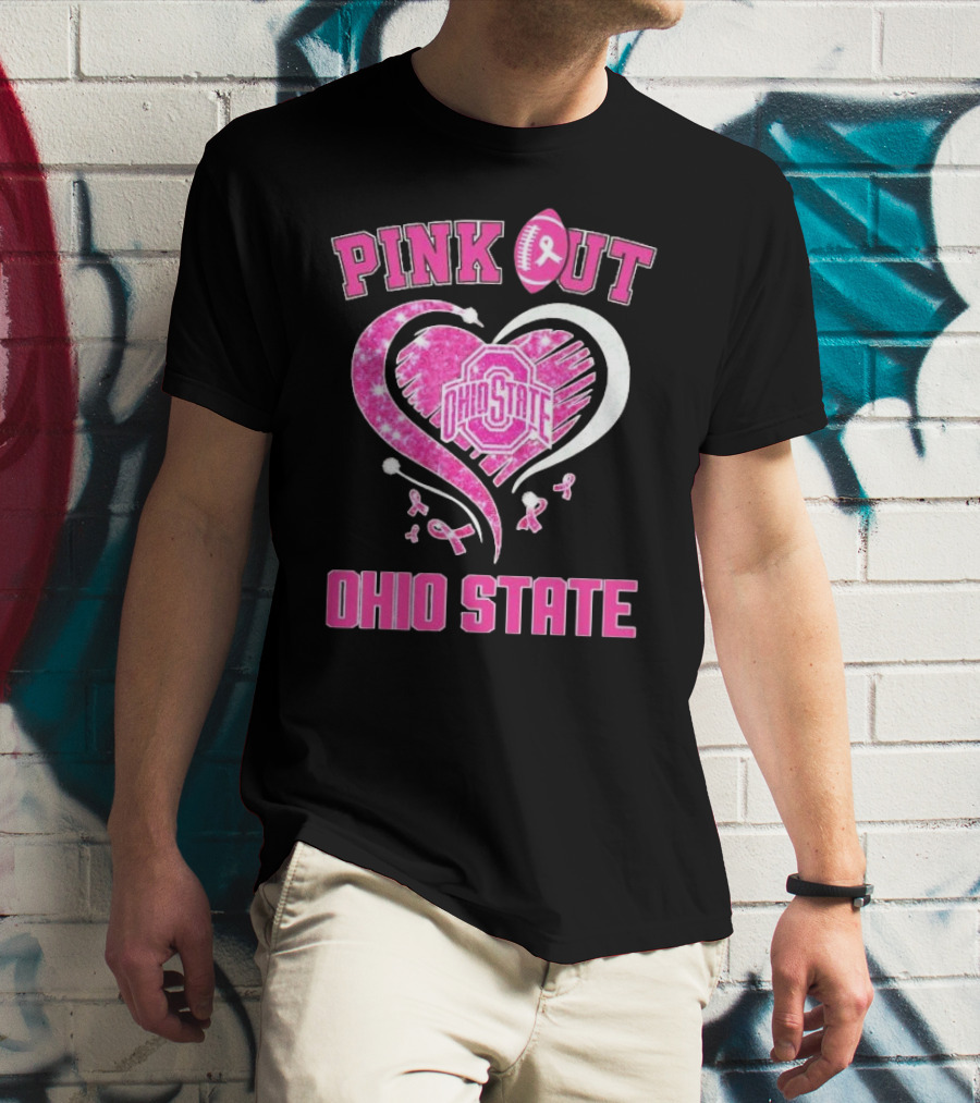 Ohio State Pink Out Breast Cancer Heart Football T-Shirt