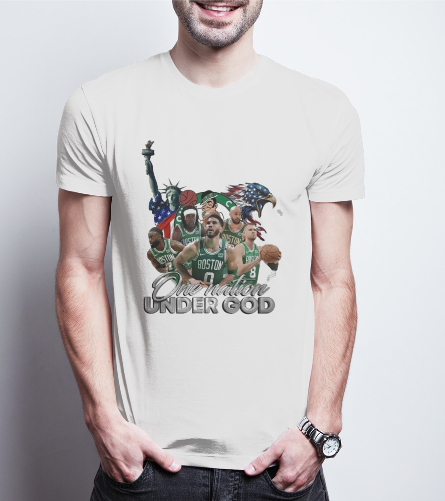 Boston Celtics One Nation Under God Statue Of Liberty American Eagle Basketball Players T-Shirt