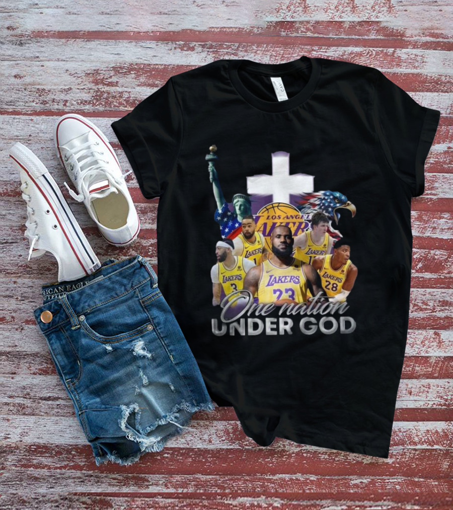 Los Angeles Lakers One Nation Under God Statue Of Liberty Cross Eagle Basketball Players T-Shirt