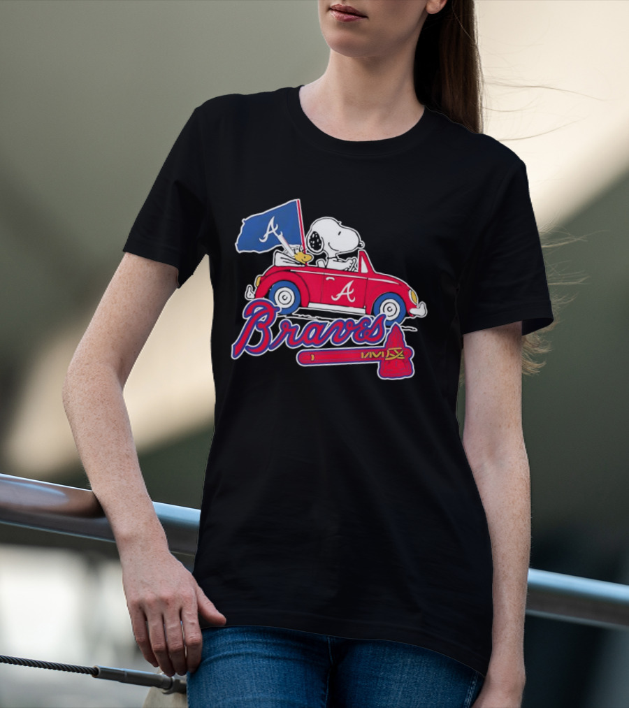 Snoopy And Woodstock Driving Car Atlanta Braves Logo Peanuts Cartoon T-Shirt