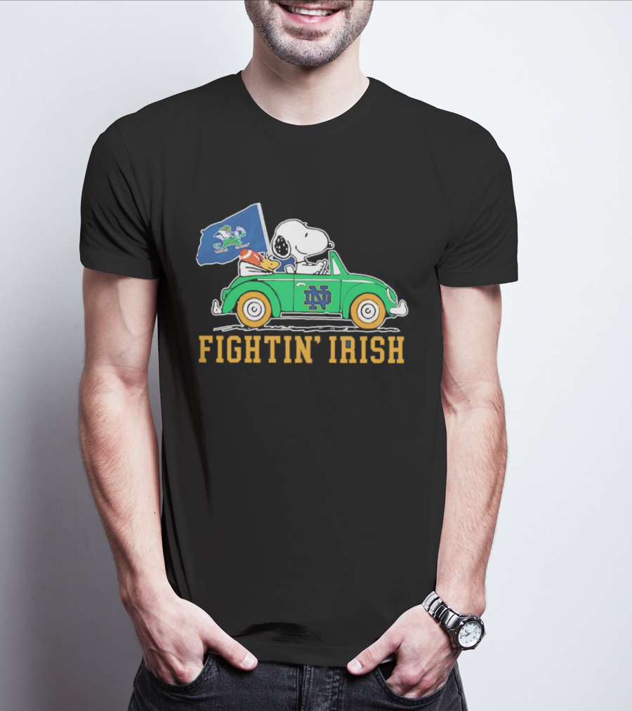 Snoopy And Woodstock Driving ND Car Fightin' Irish T-Shirt