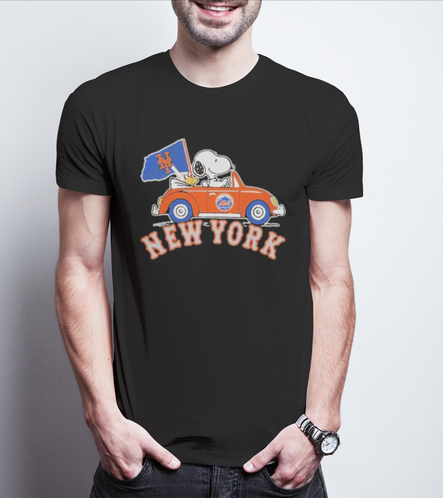 Snoopy Driving Car With New York Mets Flag T-Shirt