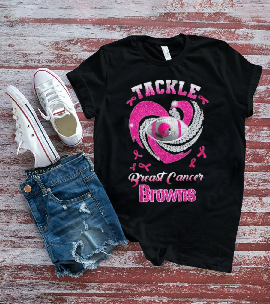Tackle Breast Cancer Browns Pink Ribbon Football T-Shirt