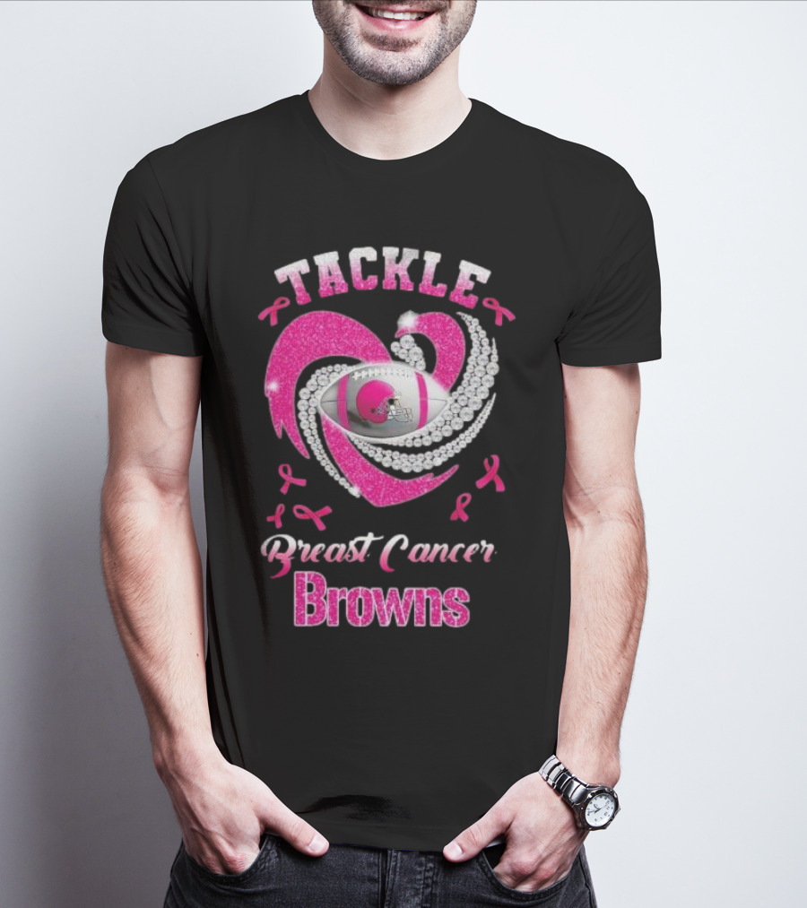 Tackle Breast Cancer Browns Pink Ribbon Football T-Shirt