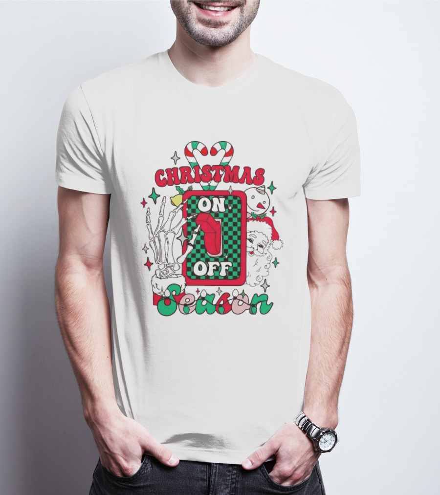 Christmas Season On Off Skeleton Hand Santa Claus T-Shirt