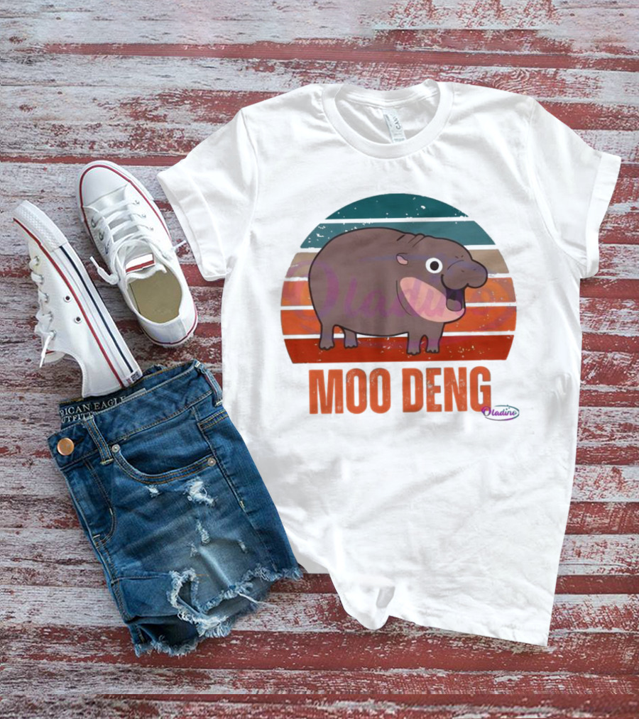 Retro Sunset Moo Deng Pygmy Hippo T-Shirt