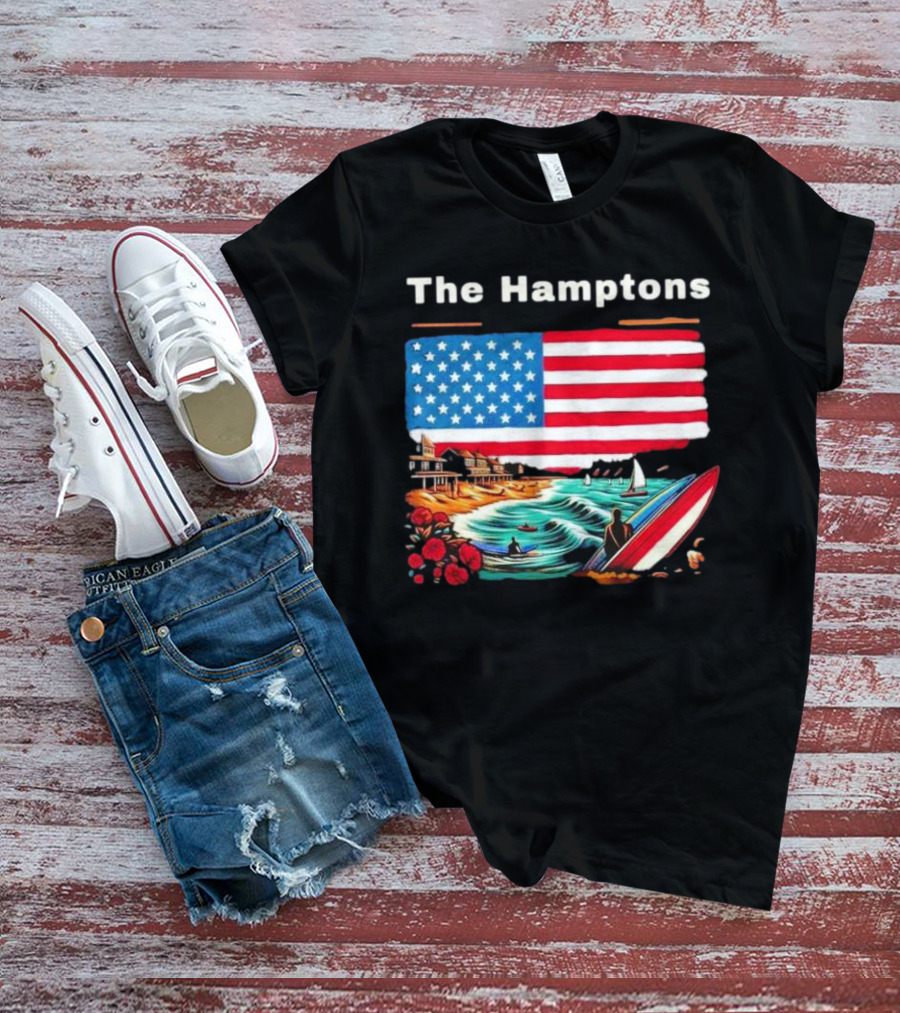 The Hamptons American Flag Beach Oceanside Surfing Scene T-Shirt