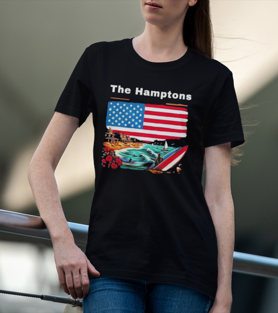 The Hamptons American Flag Beach Oceanside Surfing Scene T-Shirt