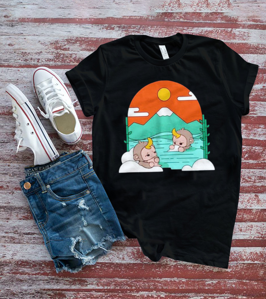 The Tranquil Monkey Hot Spring Relaxation Scene With Mountains And Sun T-Shirt