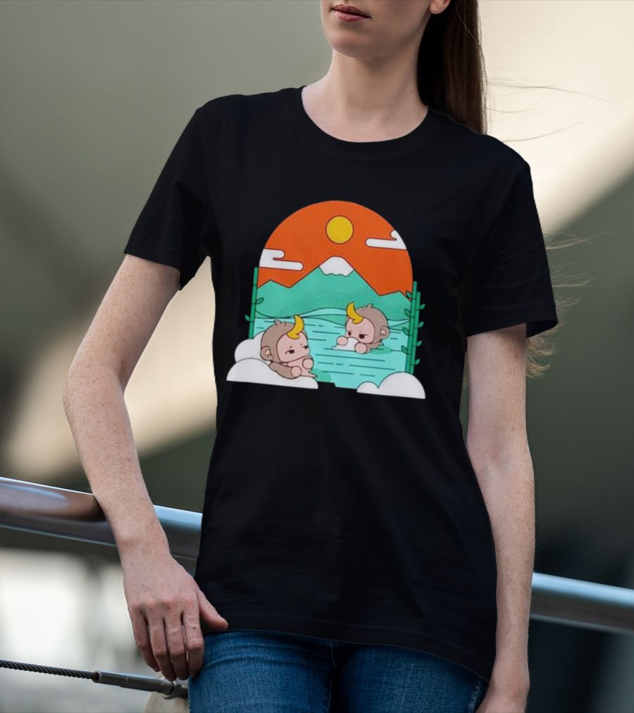 The Tranquil Monkey Hot Spring Relaxation Scene With Mountains And Sun T-Shirt