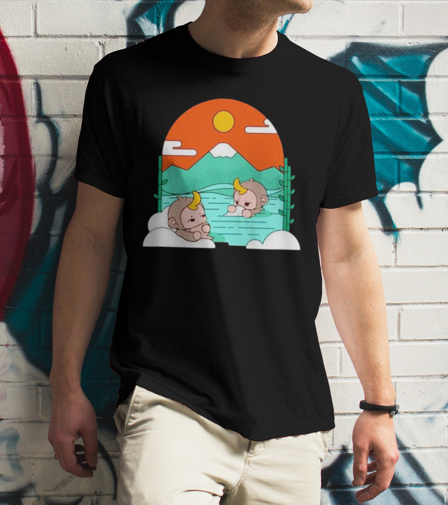 The Tranquil Monkey Hot Spring Relaxation Scene With Mountains And Sun T-Shirt