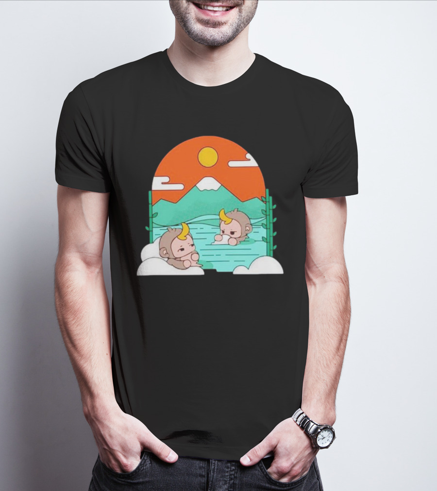 The Tranquil Monkey Hot Spring Relaxation Scene With Mountains And Sun T-Shirt