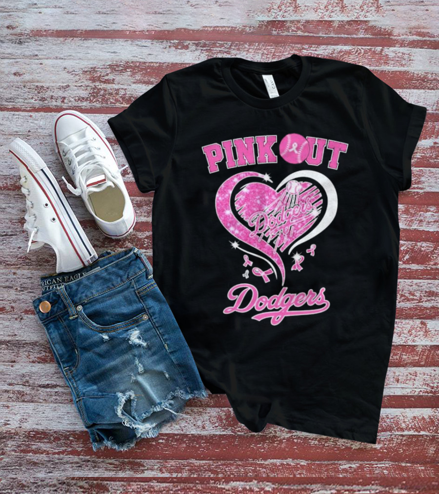 Pink Out Dodgers Heart Breast Cancer Los Angeles T-Shirt