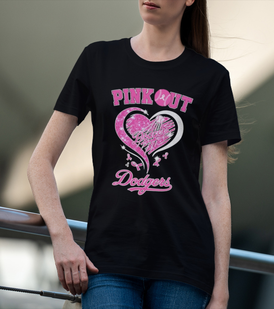 Pink Out Dodgers Heart Breast Cancer Los Angeles T-Shirt