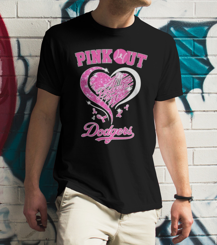 Pink Out Dodgers Heart Breast Cancer Los Angeles T-Shirt